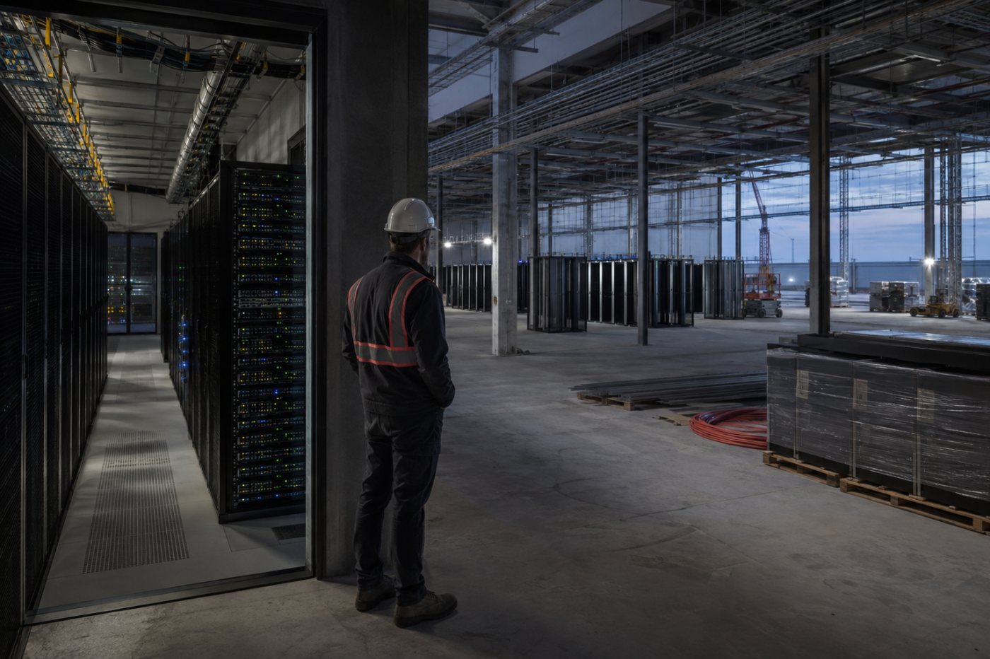Expansão de data centers comparada à capacidade utilizada e à demanda contratada.