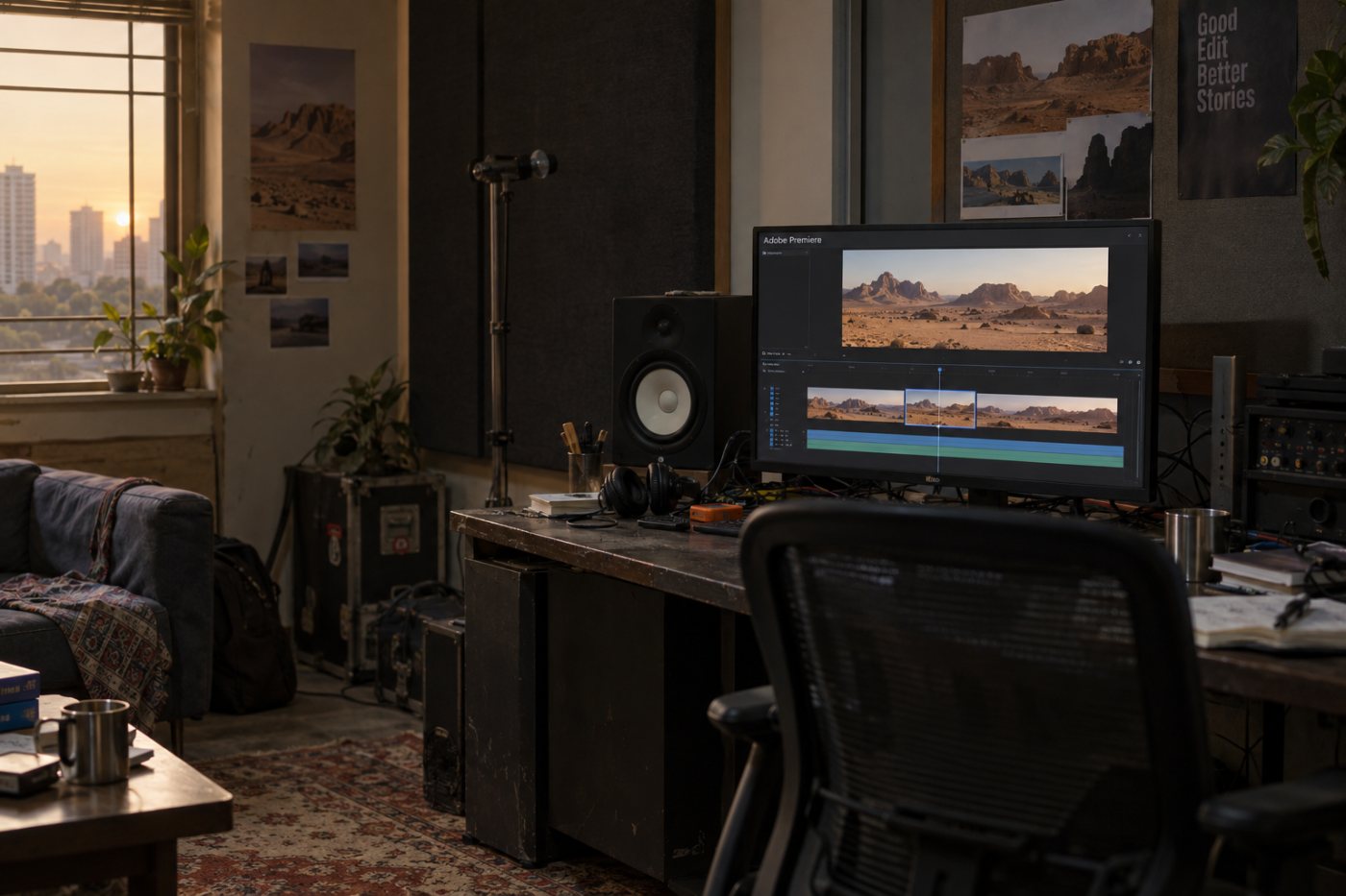 Adobe Premiere timeline-এর ফাঁকে reference footage-এর সঙ্গে মিলিয়ে generated clip যুক্ত হচ্ছে