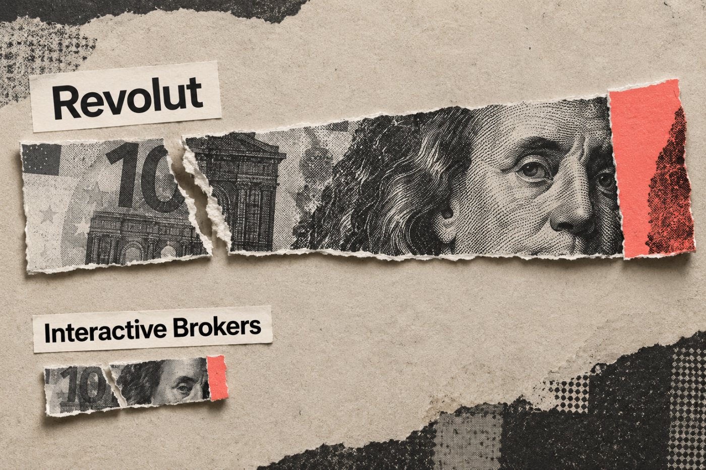 Sąlyginio 10 000 eurų valiutos keitimo palyginimas: „Revolut“ standartinio plano limito mokestis ir mažesnis IBKR automatinio keitimo priedas.