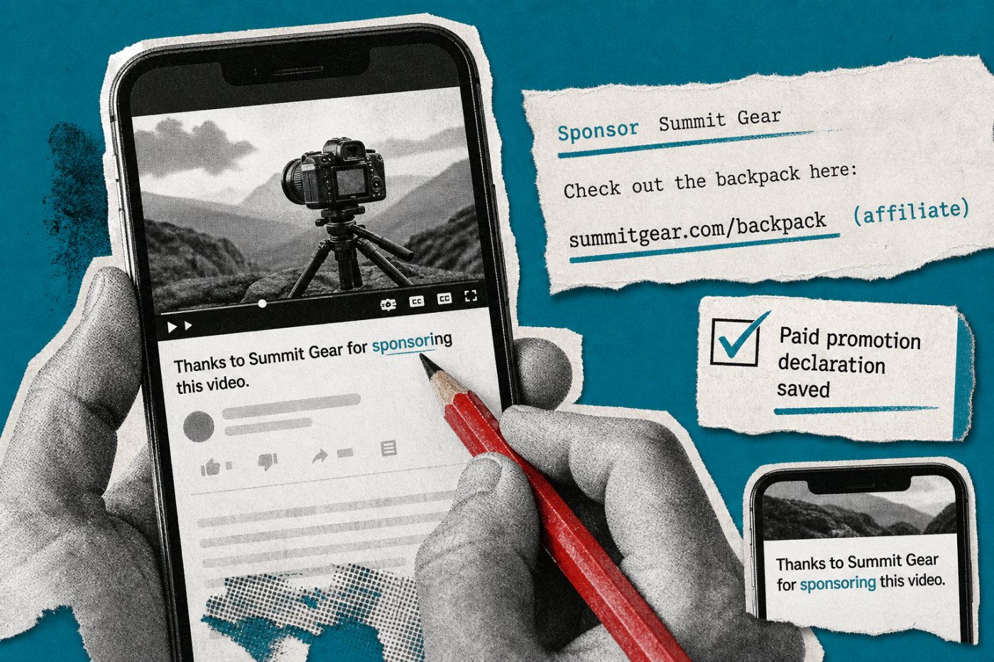 A creator checks sponsorship wording, affiliate links, free-product details, readability, and YouTube’s paid-promotion declaration before publication.