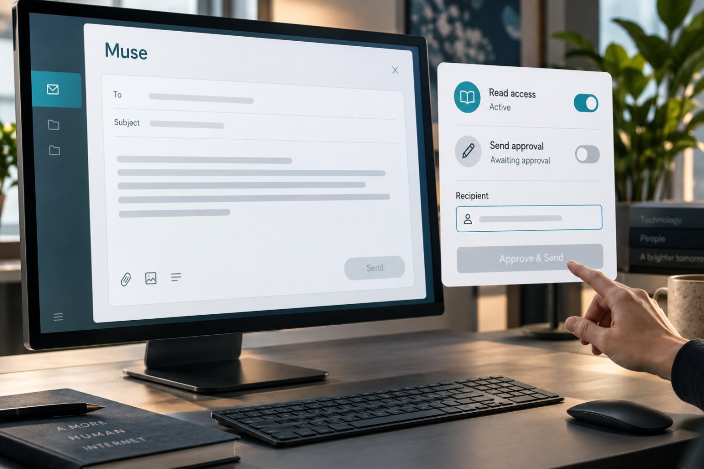 Muse dùng quyền đọc để chuẩn bị email nhưng chờ xác nhận riêng trước khi gửi.
