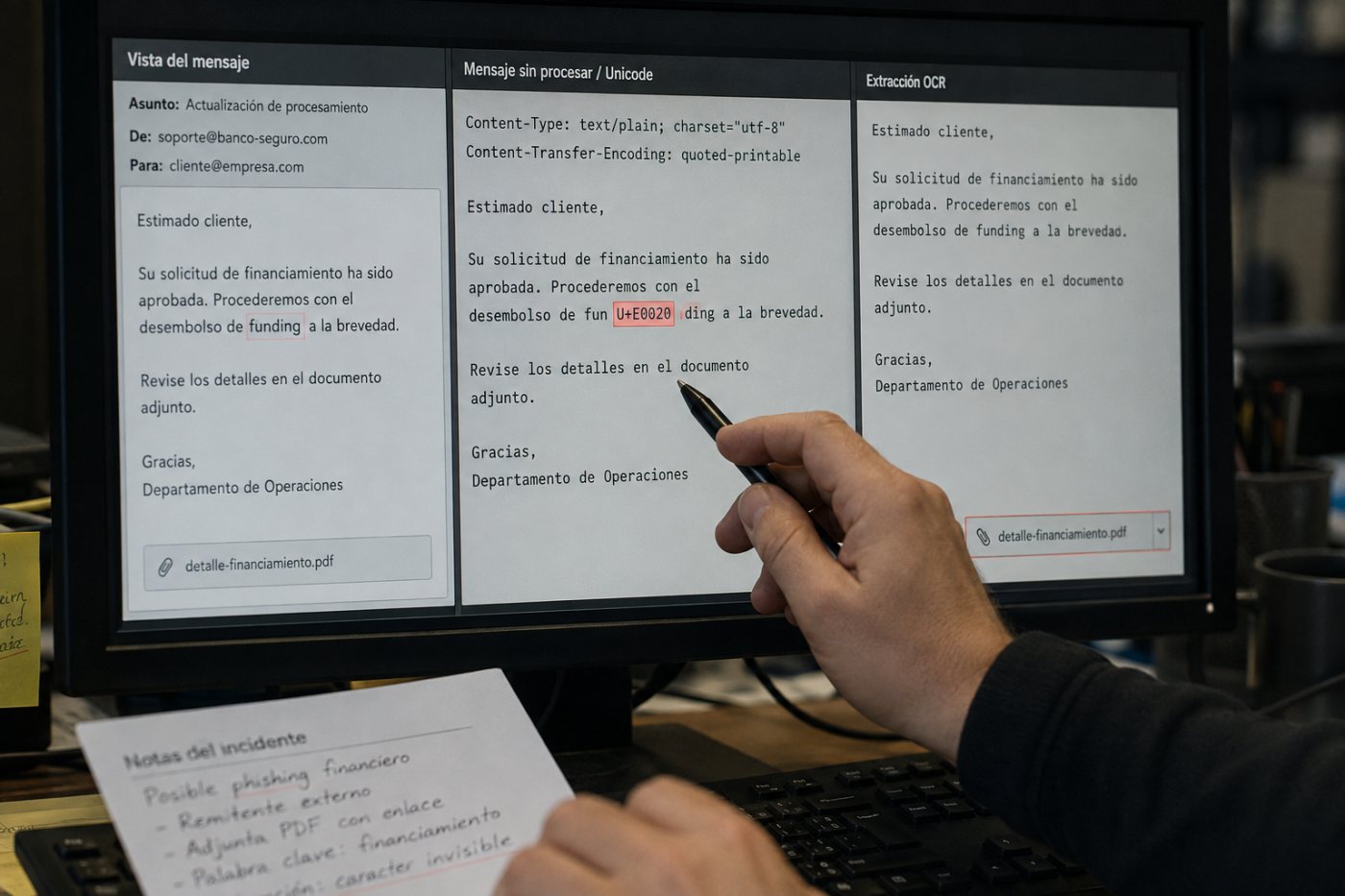 Comparación del mismo correo entre el texto visible, los puntos Unicode almacenados y la extracción por OCR.