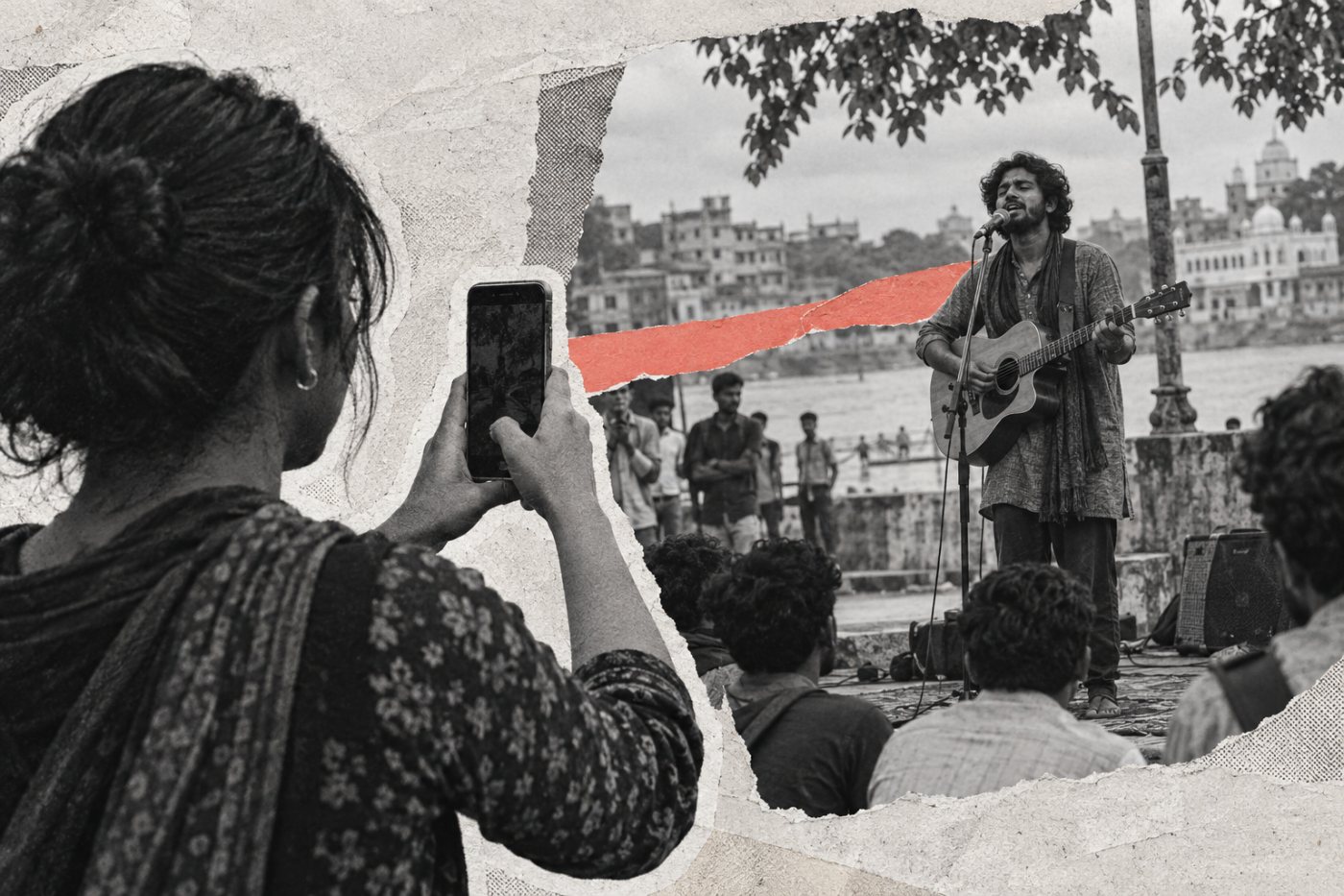 বাংলাদেশে একজন ক্রিয়েটর সরাসরি পরিবেশনা ধারণ করে Facebook Reel-এর জন্য মৌলিক কনটেন্ট তৈরি করছেন।