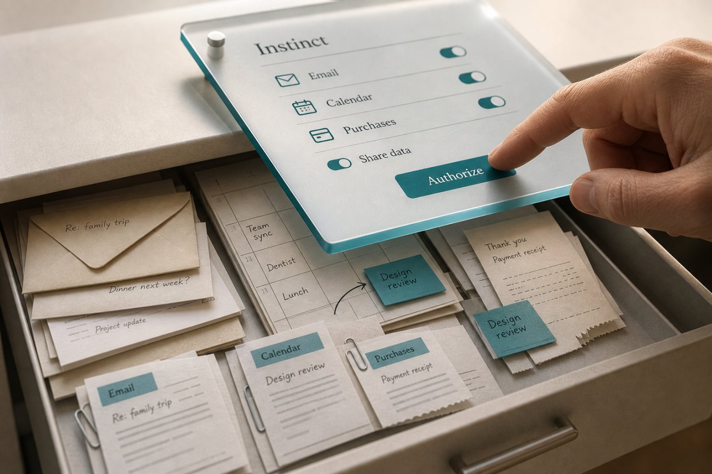 Пользователь проверяет доступ Instinct к почте и календарю перед разрешением действия.
