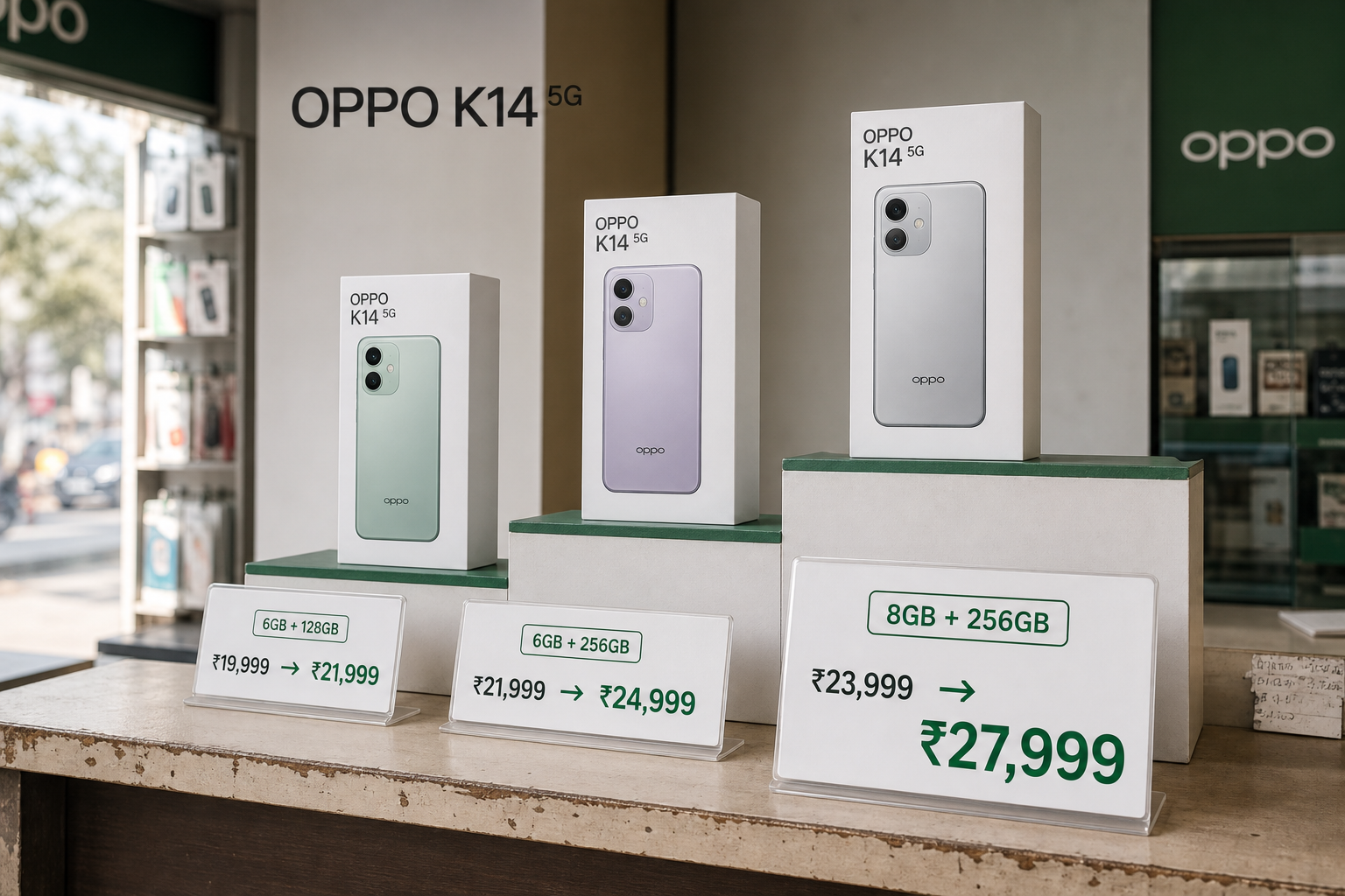 OPPO K14 5G के तीन संस्करणों में पुराने और नए दामों की तुलना, जिसमें 8GB + 256GB मॉडल सबसे अधिक महंगा दिखता है