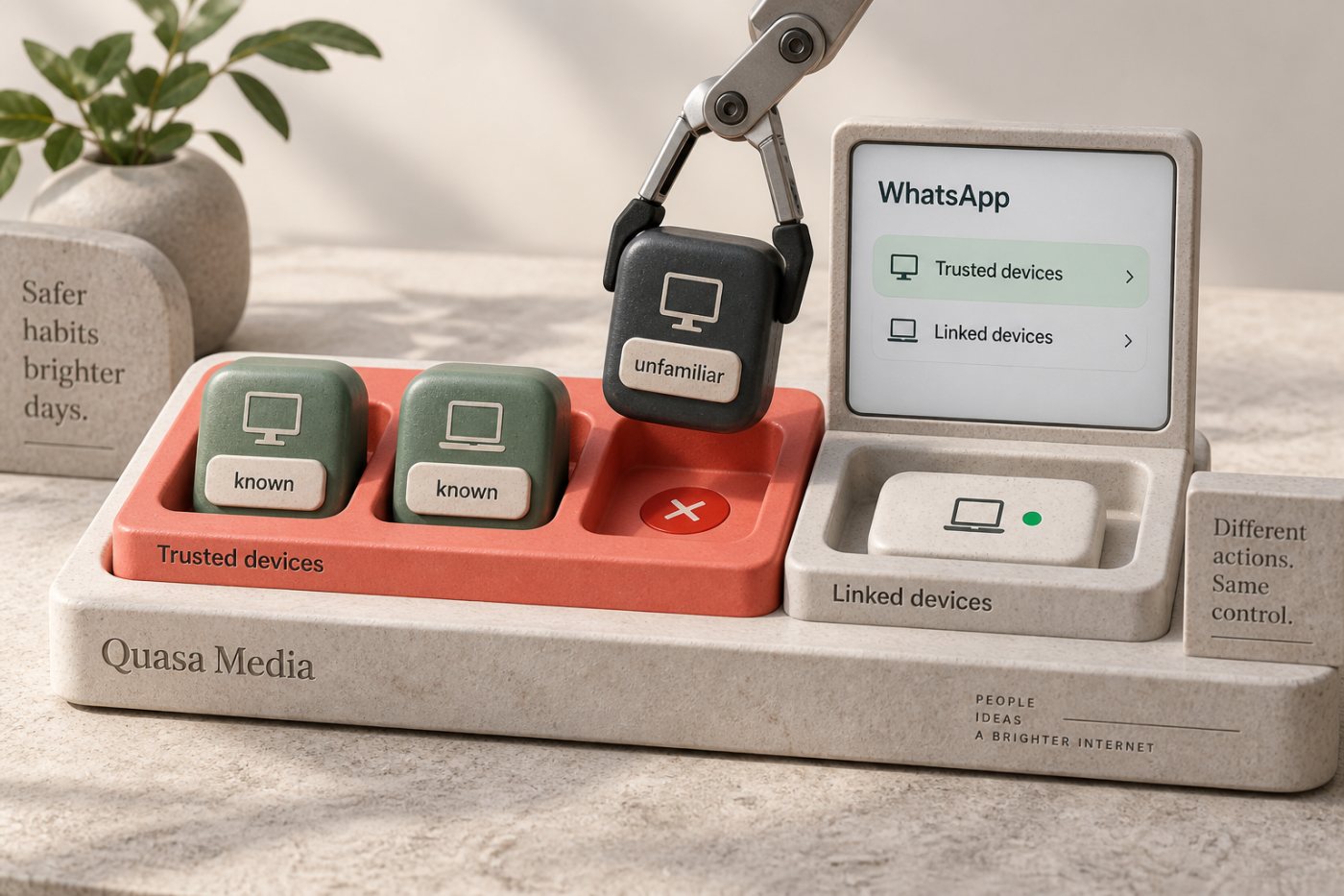 A WhatsApp trusted-device review removes an unfamiliar device after the password change.