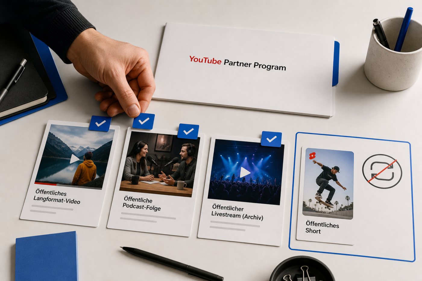 Öffentliche Langvideos, Podcasts und archivierte Livestreams liefern Stunden, während Shorts getrennt bewertet werden.