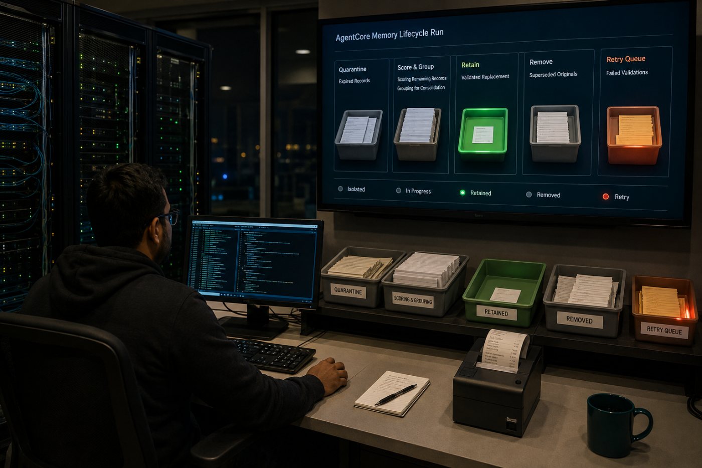 Nightly AgentCore workflow-এ expiry, scoring, consolidation, replacement validation ও original deletion-এর ধারাবাহিক ফল
