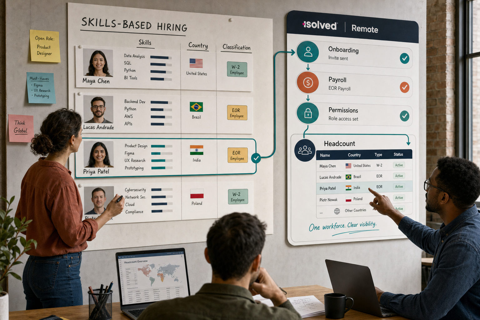 SMB recruiting team selecting an international specialist and adding the hire to a unified workforce view