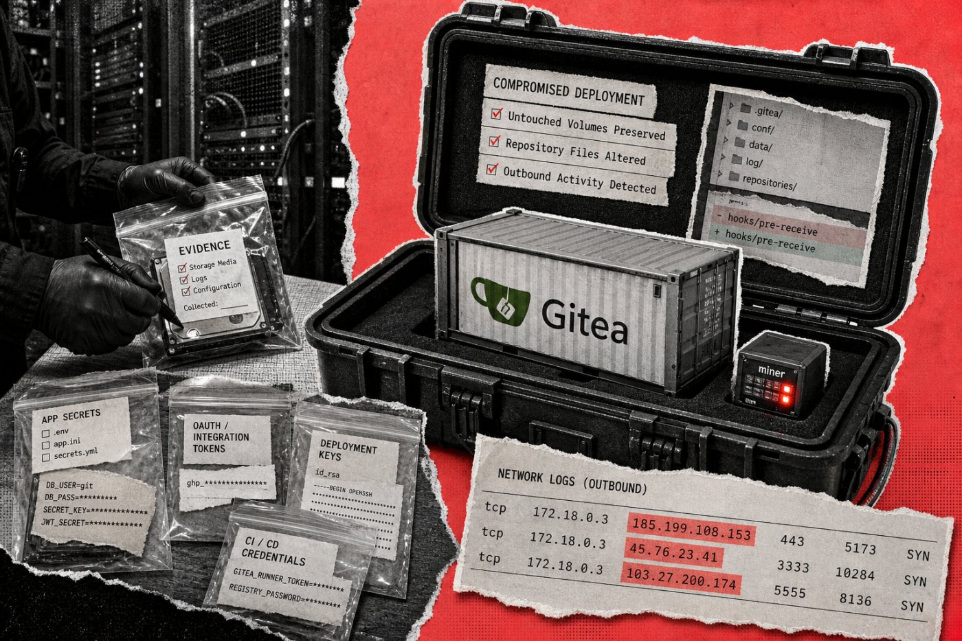 Incident review covers a Gitea container, mounted repositories, service credentials and a miner-like process.