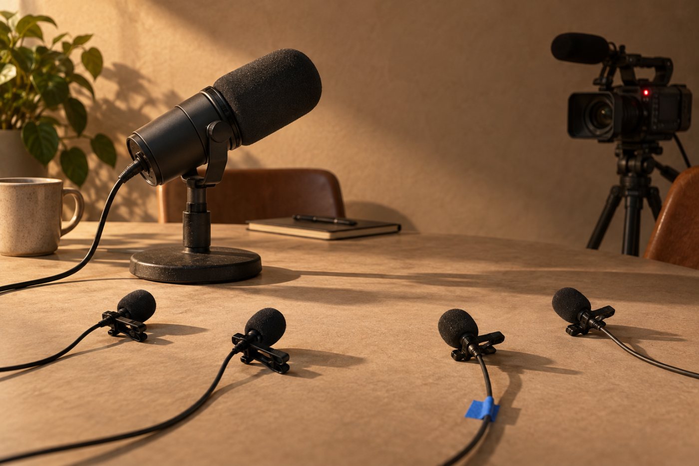 مقدم وضيوف يسجلون حلقة بث مباشر، حيث يرتبط اختيار Restream أو StreamYard بعدد المشاركين وطريقة حفظ التسجيل.