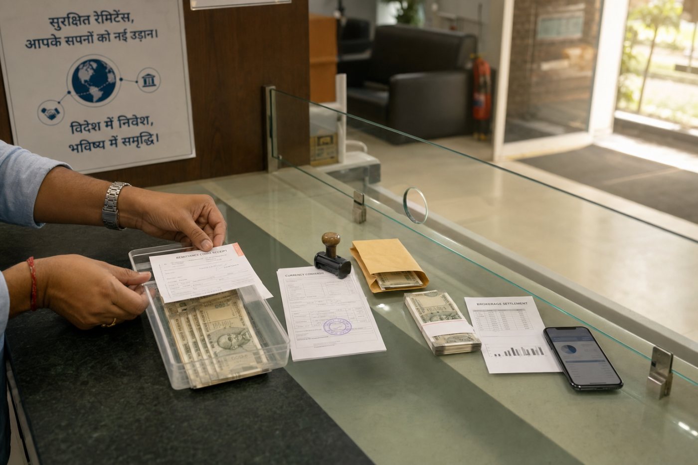 INR से USD निवेश और वापस INR तक मुद्रा अंतर, प्रेषण शुल्क, TCS तथा निकास लागत का क्रम