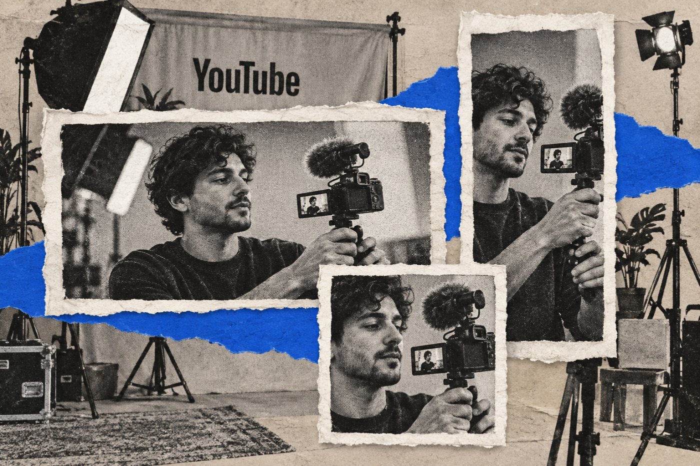 Formatos do YouTube comparados em proporções 16:9 para vídeo, 9:16 para Short e 1:1 para podcast.