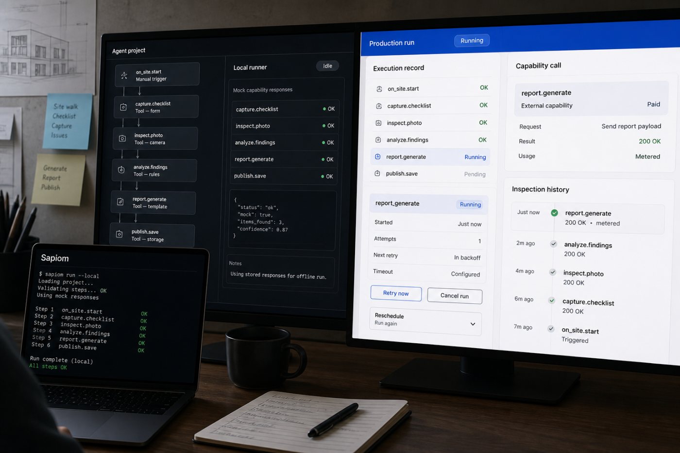 A Sapiom agent project moves from local construction to a managed production run with external services, scheduling and execution records.