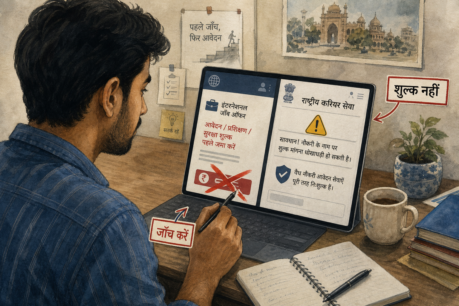 उम्मीदवार शुल्क माँगने वाले दूरस्थ नौकरी प्रस्ताव को National Career Service की चेतावनी से मिलाकर अस्वीकार करता है