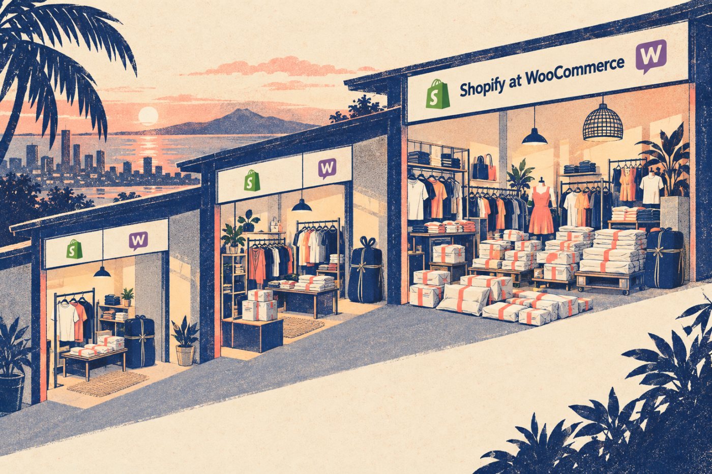 Sa tatlong kondisyong tindahan, nagbabago ang lamang sa gastos ng Shopify at WooCommerce habang lumalaki ang bentang online.