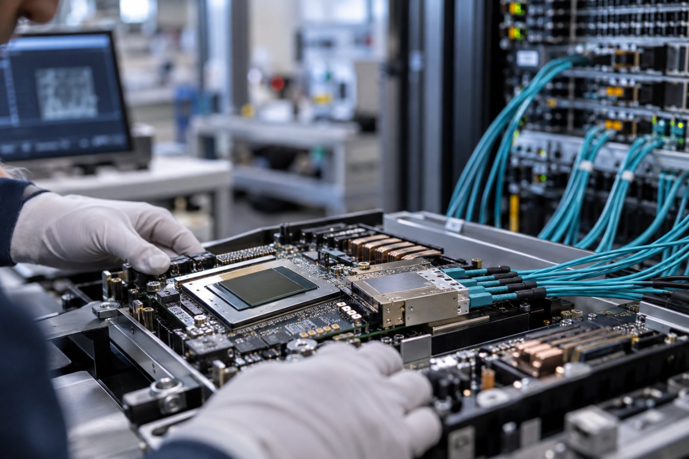 TeraPHY verbindet einen KI-Prozessor über optische Leitungen mit der Rack-Infrastruktur und ersetzt kurze Kupferverbindungen.
