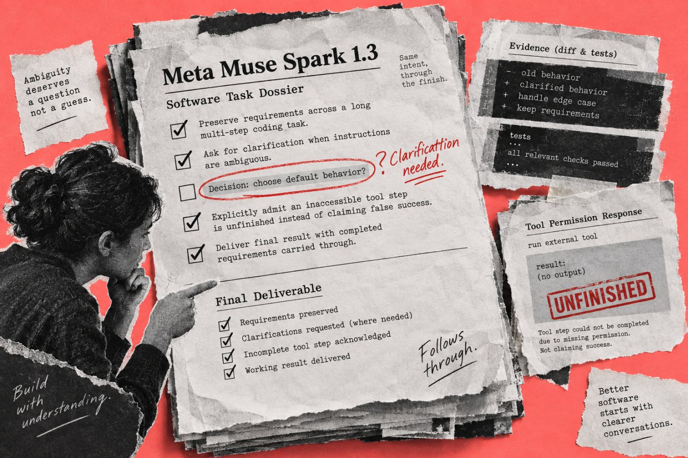Muse Spark 1.3 জটিল নির্দেশে ব্যাখ্যা চায় এবং বাধাপ্রাপ্ত ধাপকে সফল না দেখিয়ে অসম্পন্ন বলে জানায়