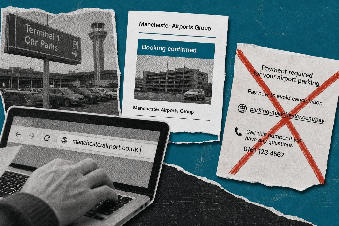 Ein Reisender prüft eine unerwartete Flughafen-Nachricht über einen unabhängig geöffneten offiziellen Buchungskanal.