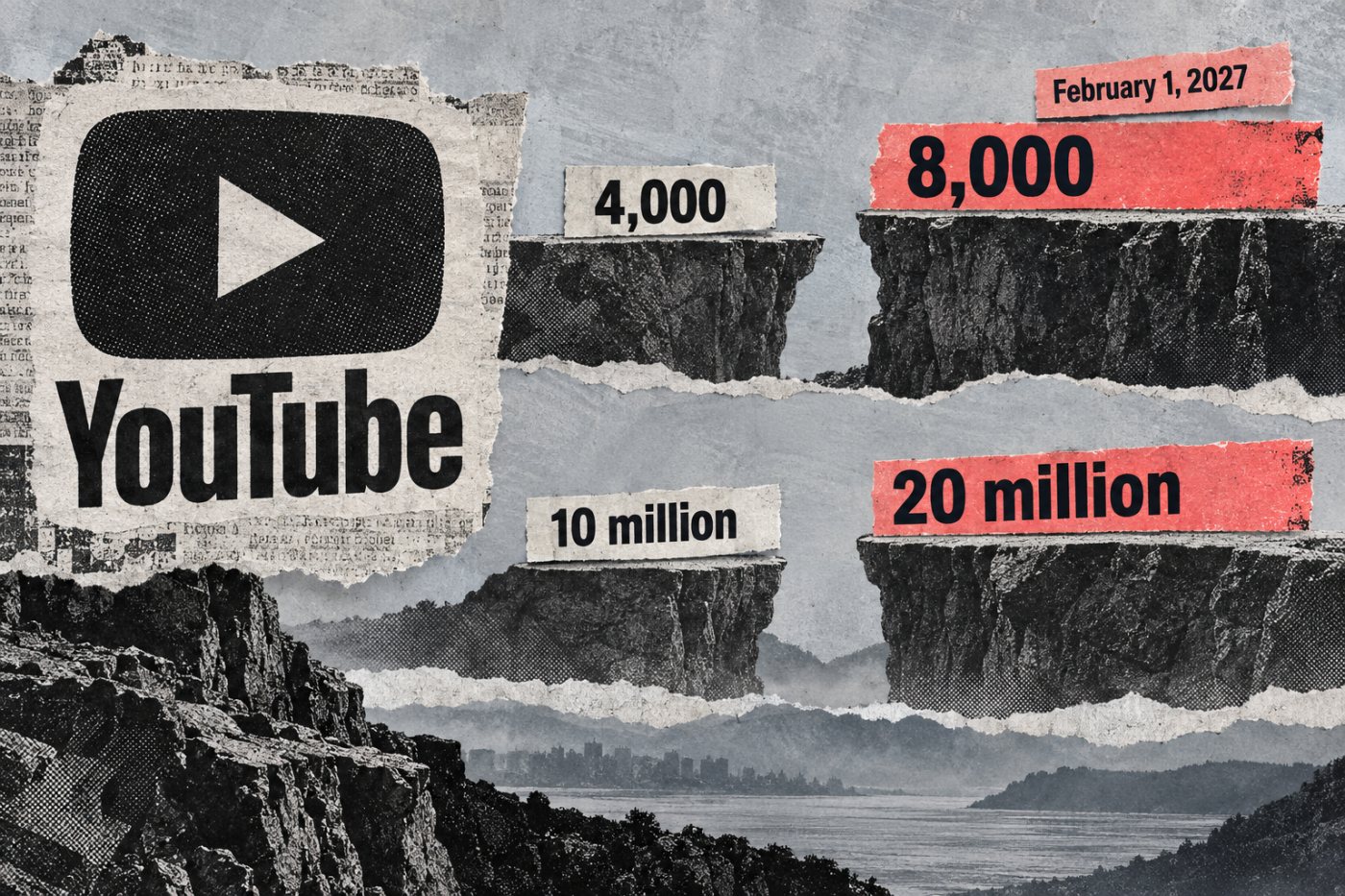 „YouTube“ partnerių programos dabartinių ir nuo 2027 m. vasario 1 d. numatytų stojimo slenksčių palyginimas.