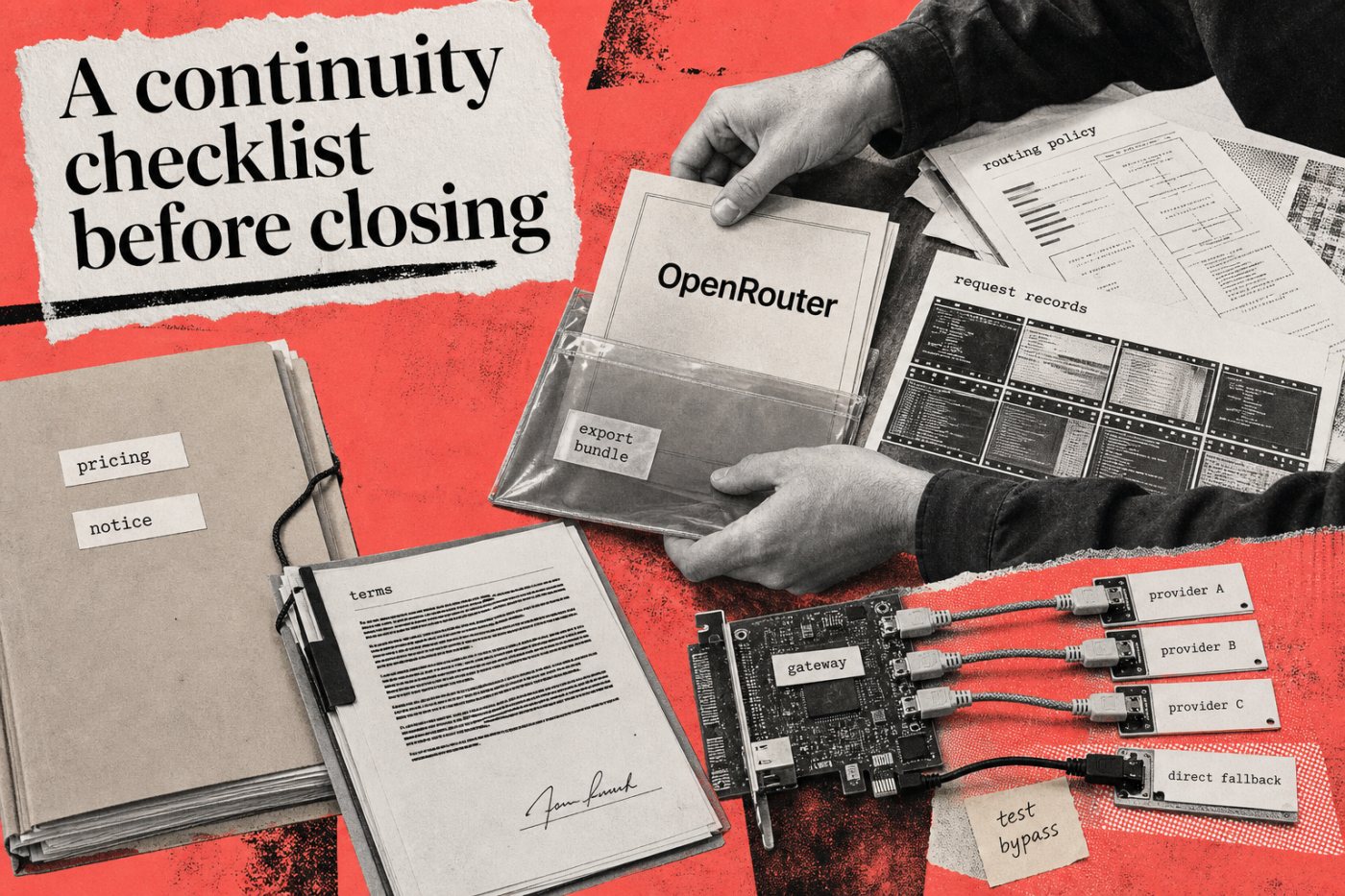 A platform team documents OpenRouter portability, exports routing records, and validates provider fallback before the acquisition closes.