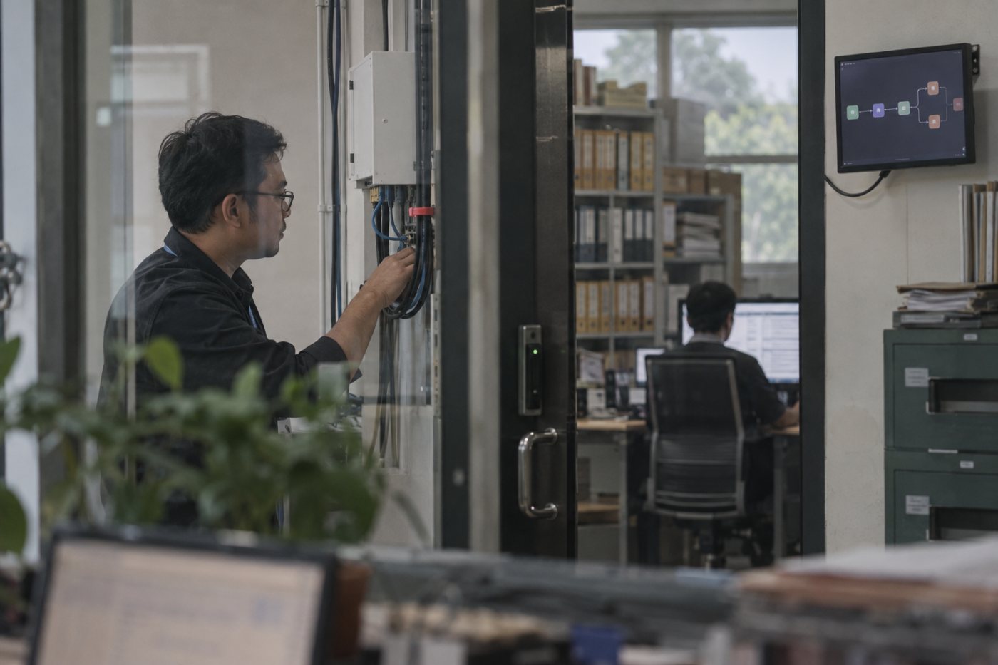 Jalur layanan n8n yang terlihat dari internet menuju koneksi basis data, dengan batas autentikasi di antaranya.