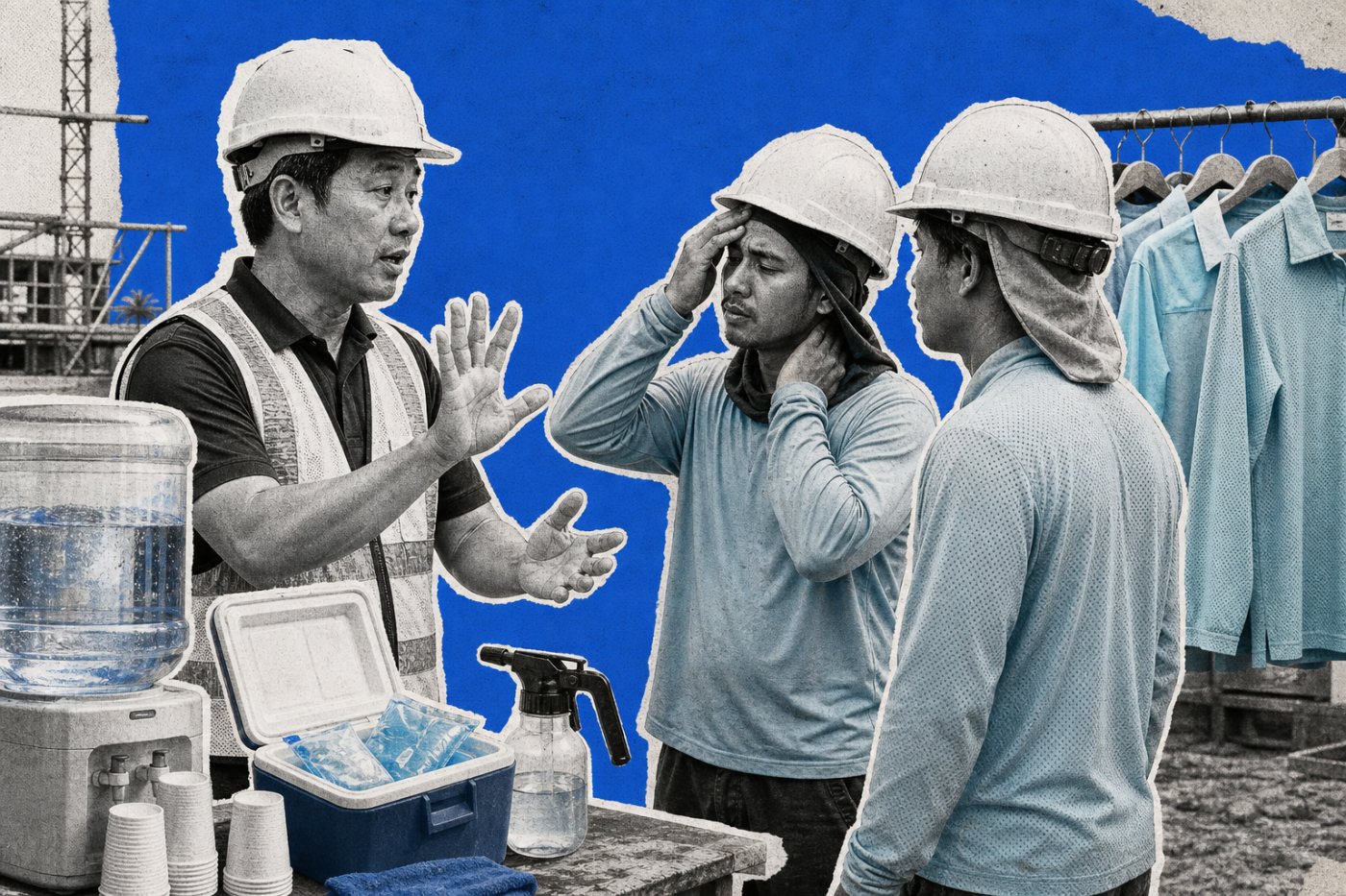 Formation de travailleurs extérieurs à la reconnaissance du stress thermique avec des moyens de refroidissement prêts à l’emploi.