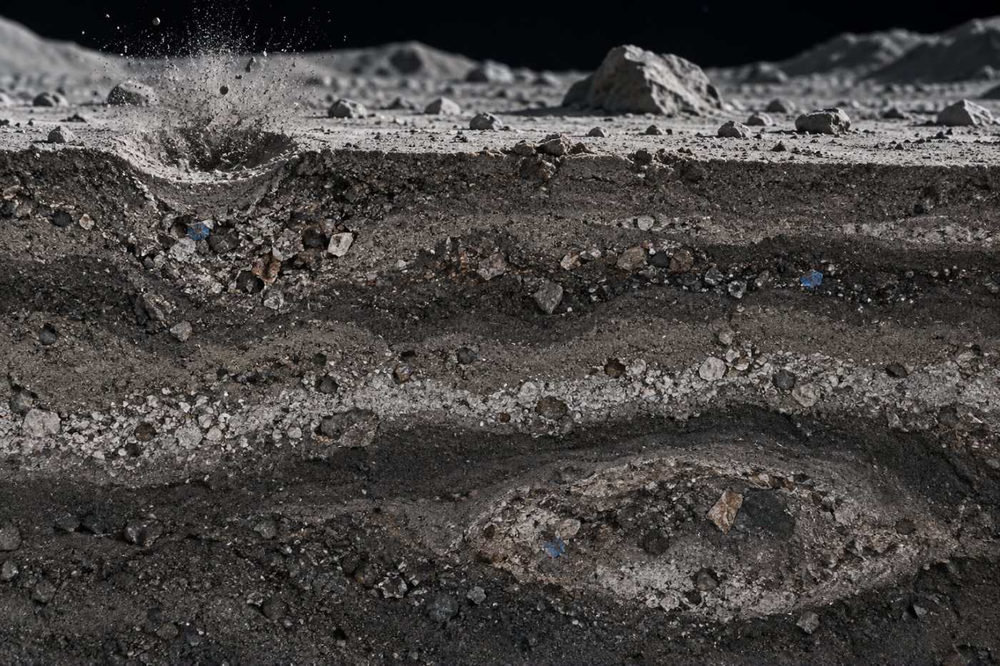 Corte do regolito lunar mostra impactos enterrando, fragmentando e misturando partículas microscópicas em diferentes profundidades.