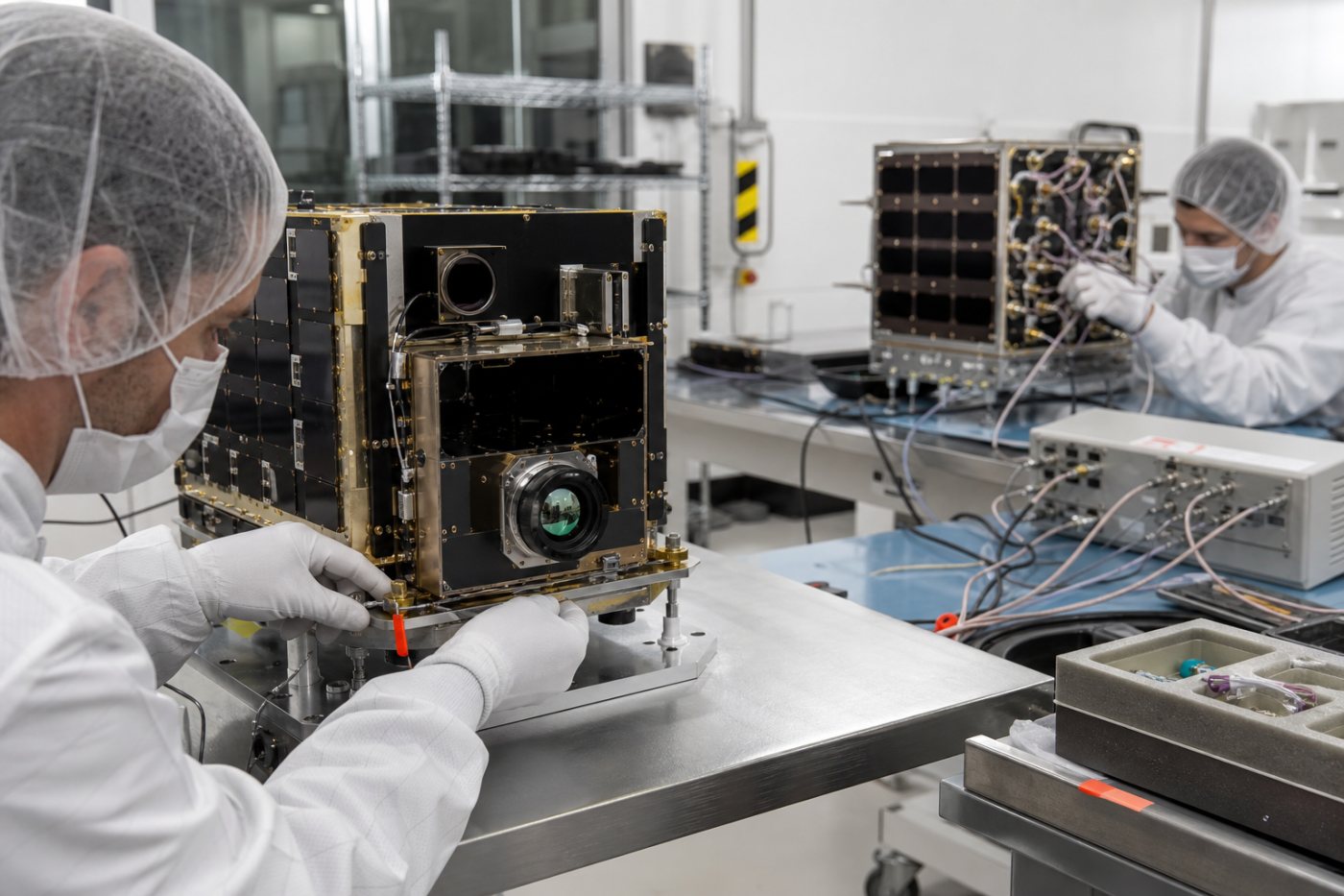 Matériel satellitaire destiné aux missions FireSat et Vindlér en cours d’intégration et d’essai