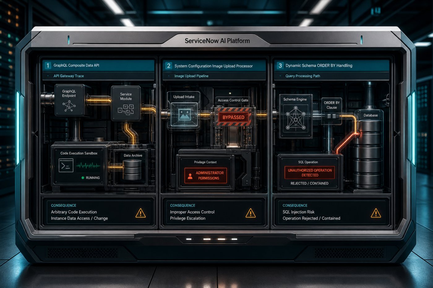 ServiceNow AI Platform کی تین CVE خامیوں کے الگ components اور code execution، privilege escalation و SQL injection کے نتائج