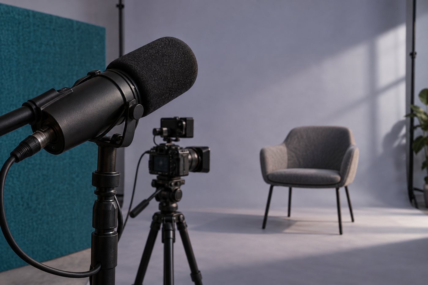 Un microfon și o cameră video arată formatele podcastului care pot intra în Spotify Partner Program, separat de abonamentul plătit.