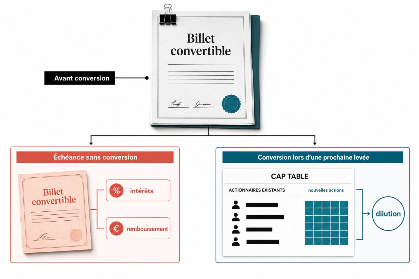 Comparaison des effets d’un billet convertible selon qu’il reste remboursable ou devient du capital dilutif.