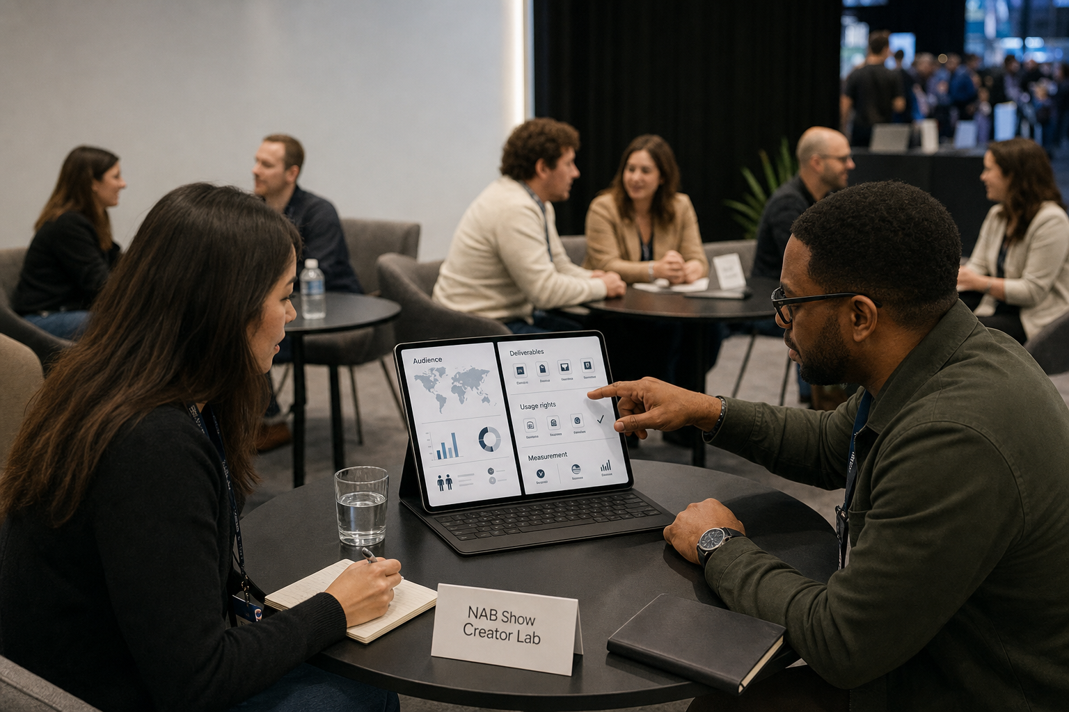 A creator and brand representative review an audience profile, portfolio and partnership terms in a dedicated networking lounge.