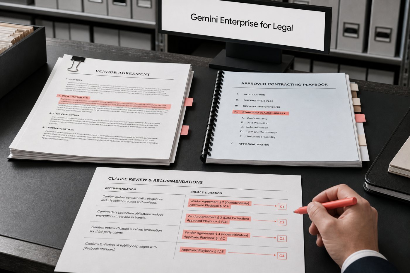 Gemini Enterprise for Legal compares an authorized agreement with a firm playbook and produces a cited clause review.