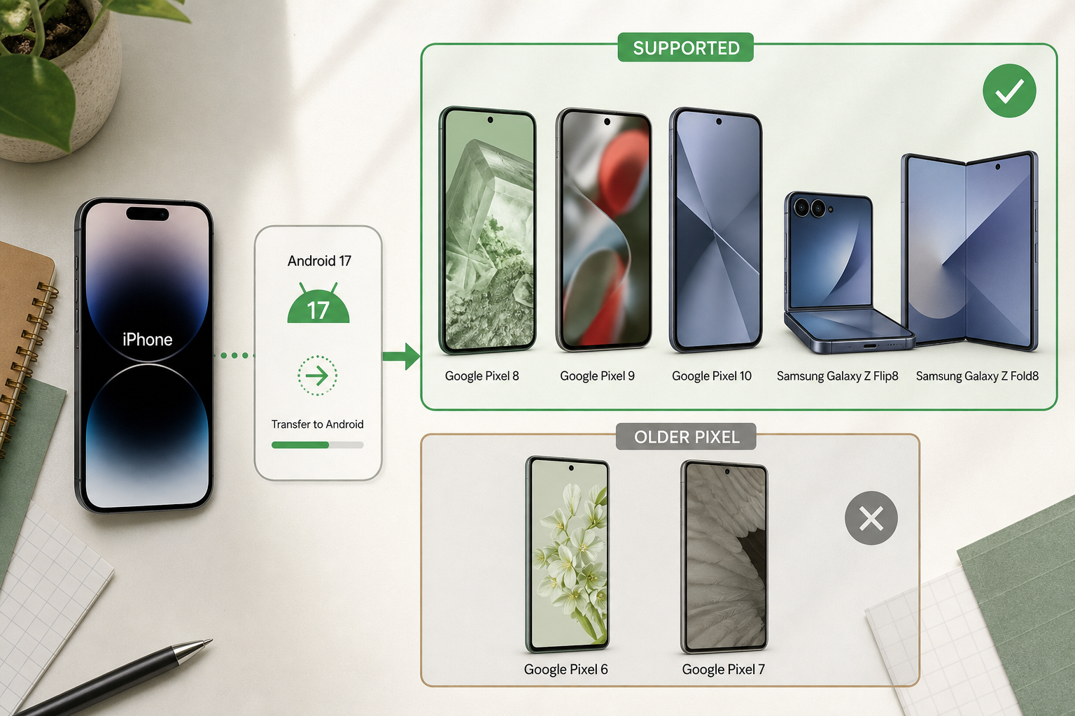 Android 17 के नए स्थानांतरण अनुभव के समर्थित Pixel और Samsung Galaxy Z फोन, पुराने Pixel मॉडल अलग दिखाए गए