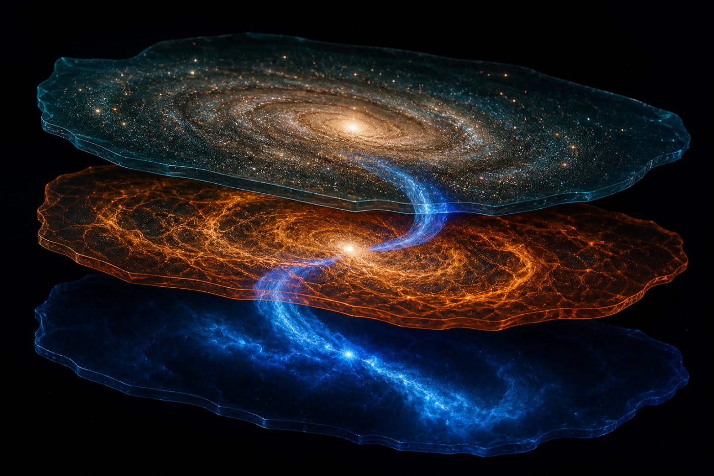 M106 में Chandra की एक्स-रे गैस, Hubble के तारे और Webb की धूल अलग भौतिक परतों में।