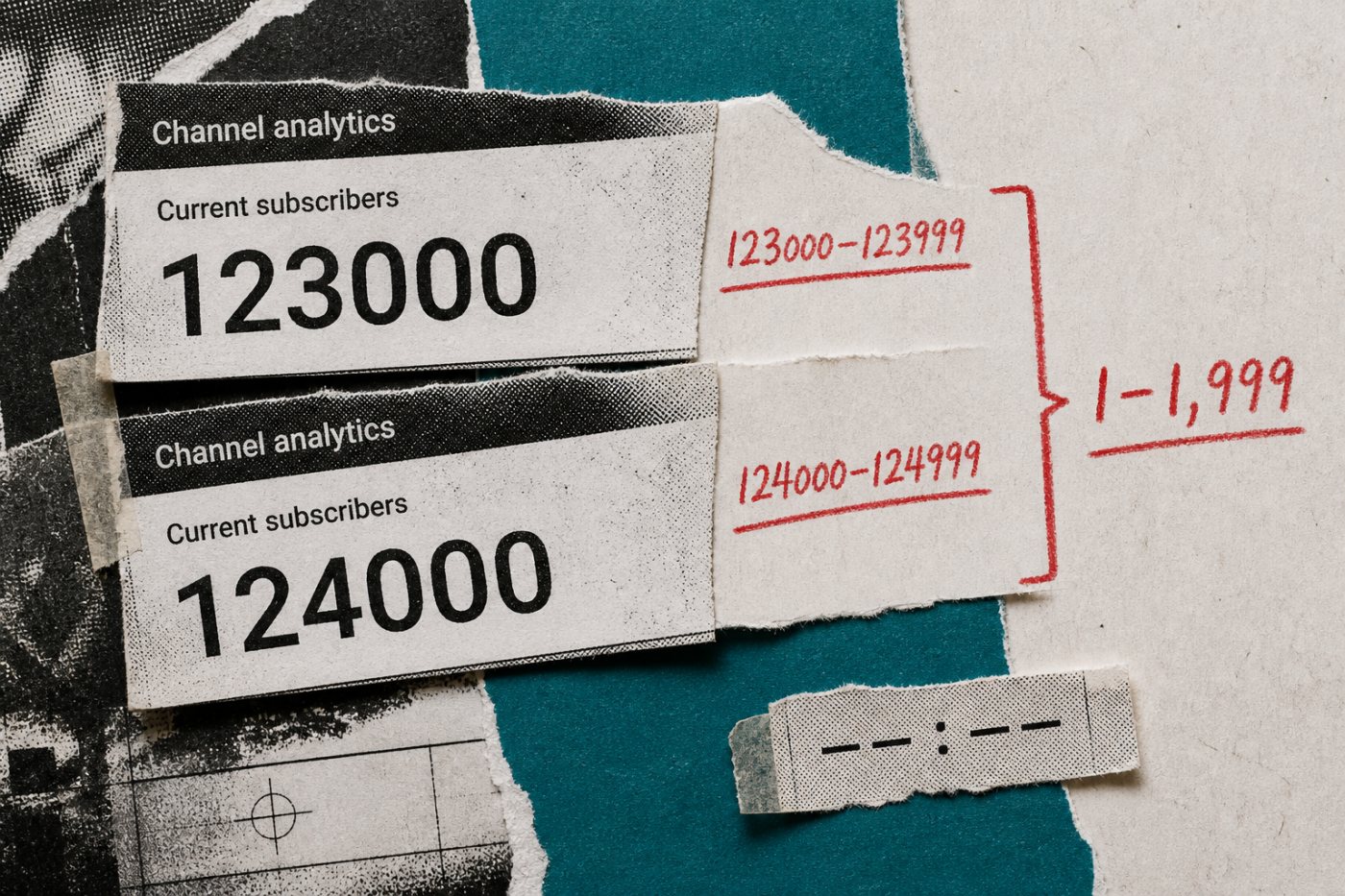 Сравнение двух округлённых счётчиков YouTube даёт диапазон прироста от 1 до 1999 подписчиков вместо точного значения