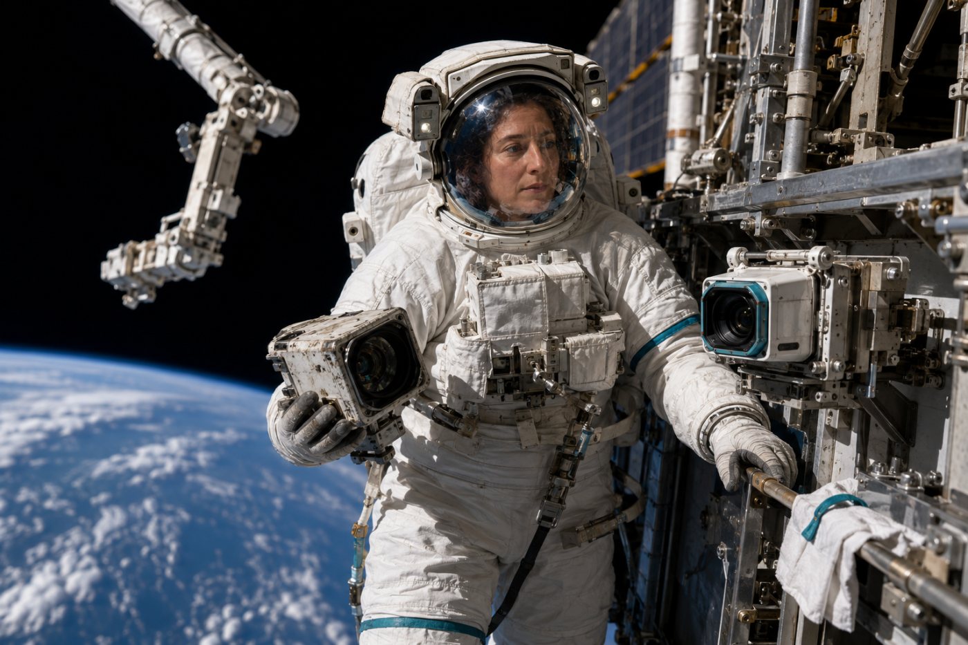 Jessica Meir remplace la caméra haute définition défaillante sur la poutre de l’ISS avec l’aide de Canadarm2.
