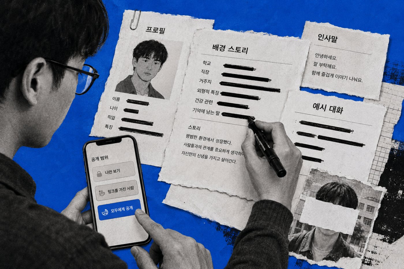 AI 캐릭터의 소개와 예시 대화에서 실존 인물의 단서를 지우고 공개 범위를 확인하는 과정