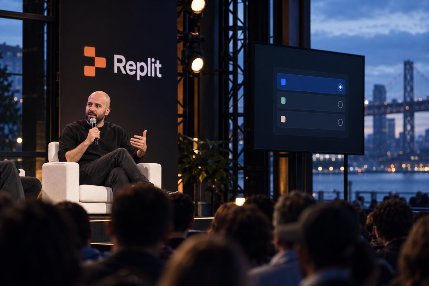 Replit CEO Amjad Masad speaking at TechCrunch Disrupt about the company’s AI model partnerships