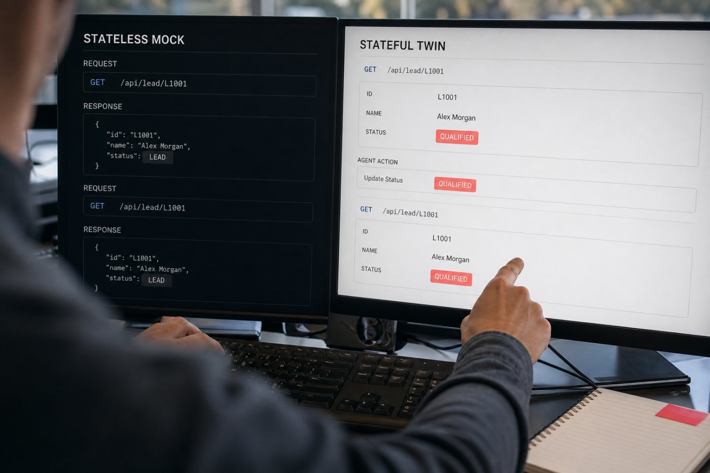 Stateless API mock کے مقرر جواب کے مقابل stateful digital twin میں بدلا ہوا customer record اگلے مرحلے تک محفوظ رہتا ہے۔