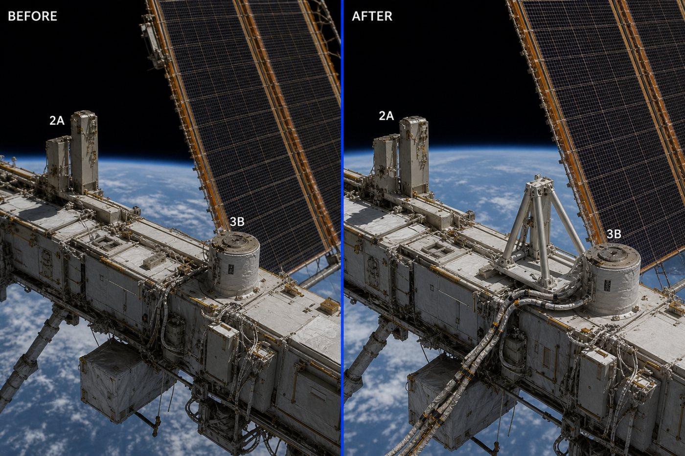 ISS power layout before and after the August 6 spacewalk, showing the prepared 3B iROSA mount alongside the legacy arrays and the remaining 2A and 3B upgrade位置.