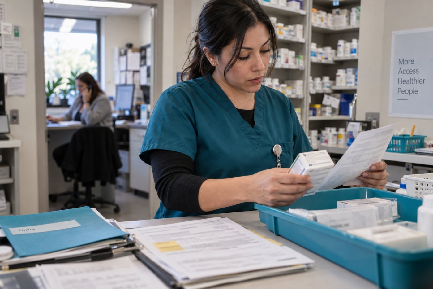 Uma prescrição percorre cobertura, assistência financeira e farmácia na rede operacional da Forus.