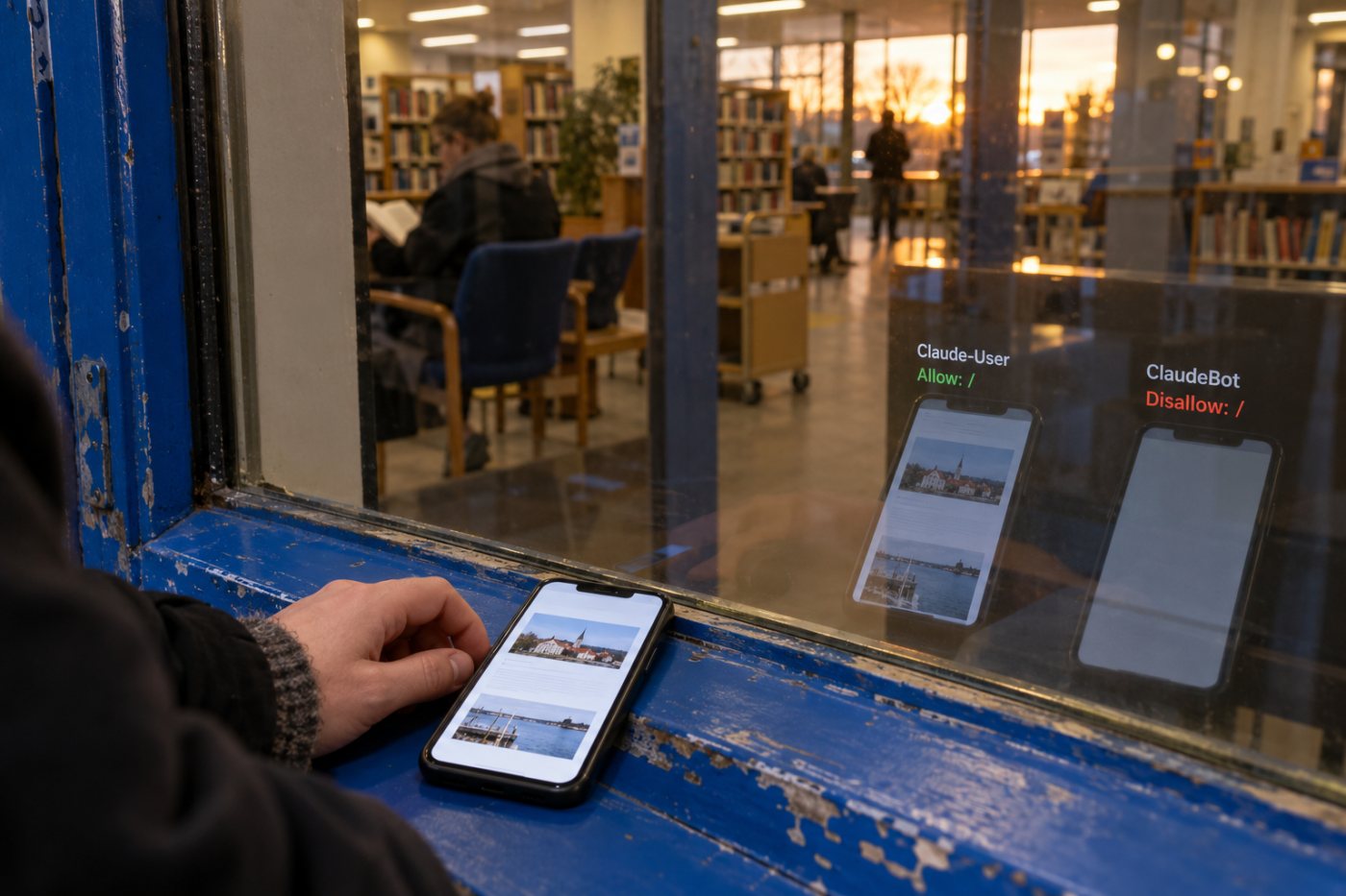 Claude-User får adgang til en offentlig artikel på brugerens anmodning, mens ClaudeBot afvises.