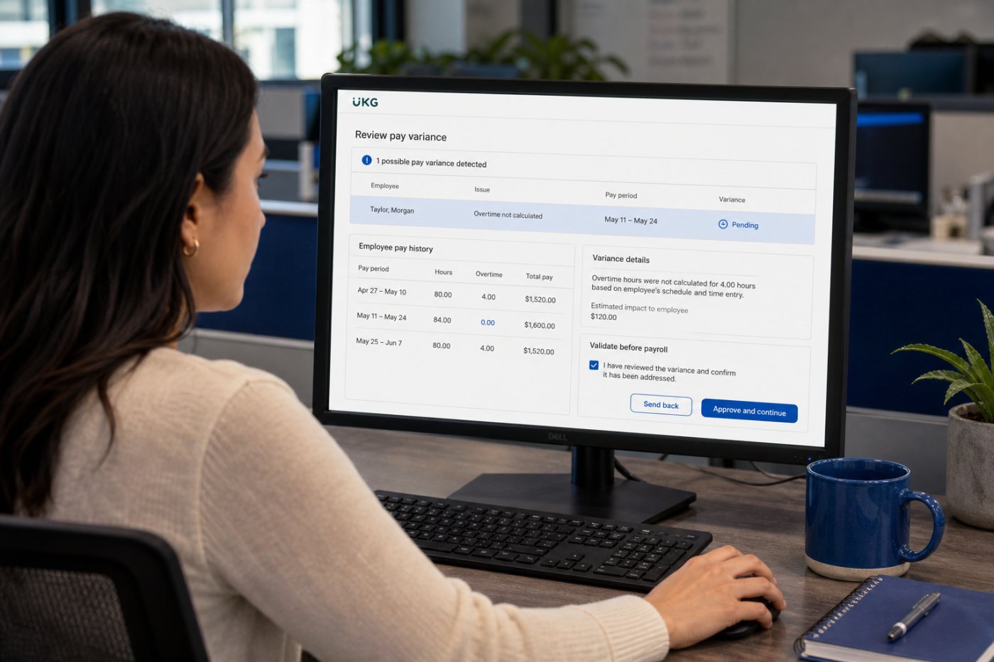 A payroll administrator investigates an Agentic Pay alert and retains control of final payroll validation.