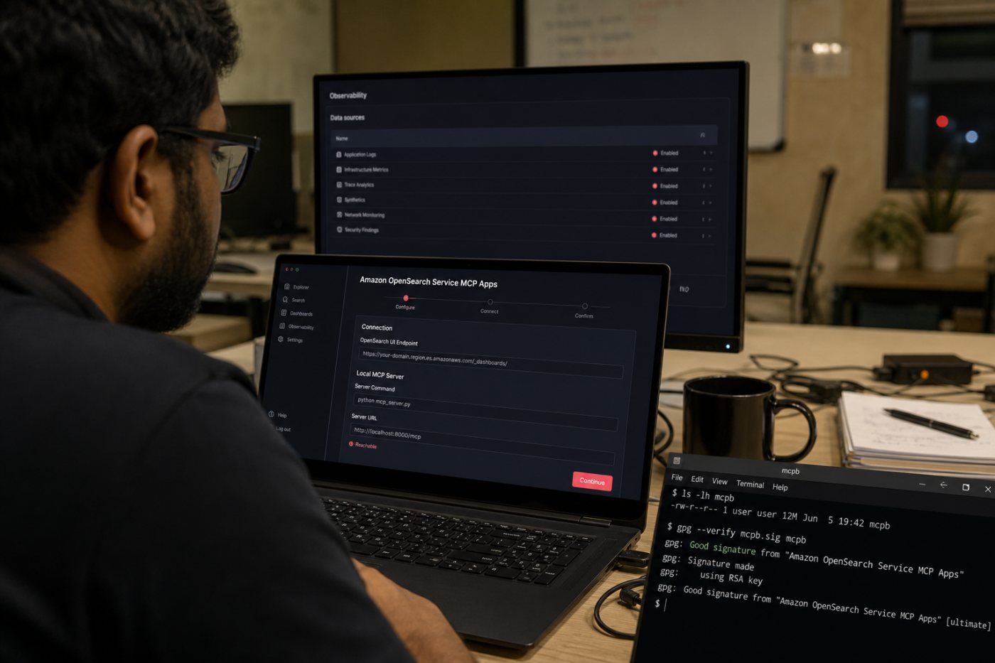 স্থানীয় MCP server, OpenSearch UI workspace ও verified package দিয়ে setup flow