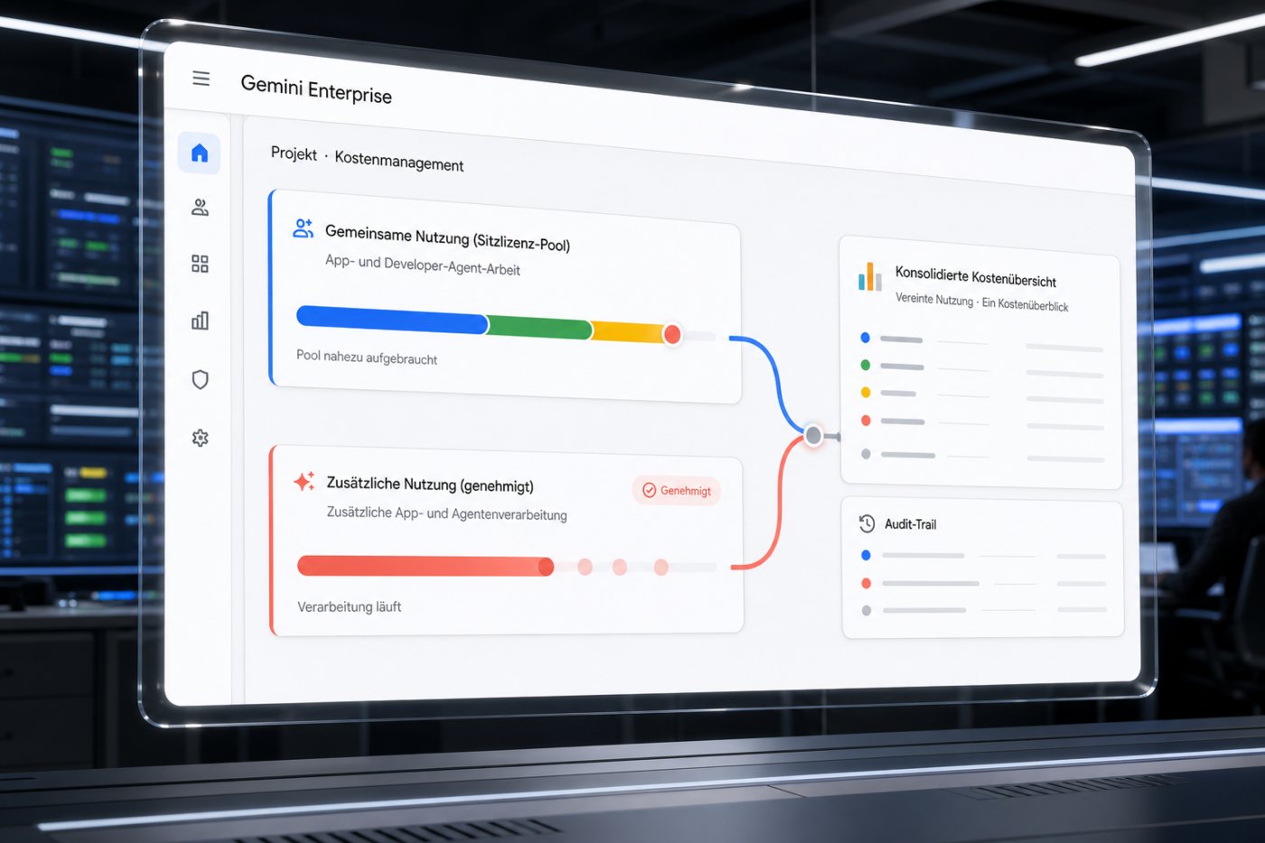 Gemini Enterprise kombiniert gemeinsame Lizenzquoten mit freigegebener Pay-as-you-go-Nutzung in einer zentralen Kostensicht.
