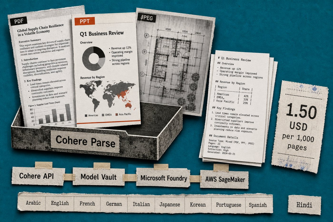Cohere Parse में PDF, PPT और JPEG से संरचित Markdown तथा प्रति 1,000 पृष्ठ 1.50 USD की API दर