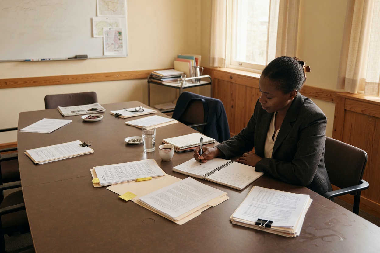 Operations manager planning with notebook and printed reports