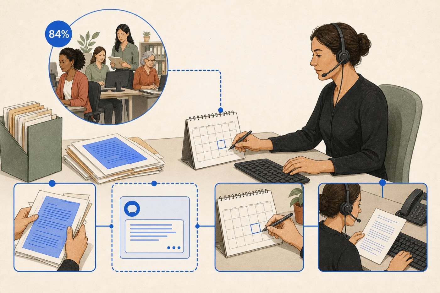 Women in administrative and customer-service roles work through duties being reshaped by AI assistance.